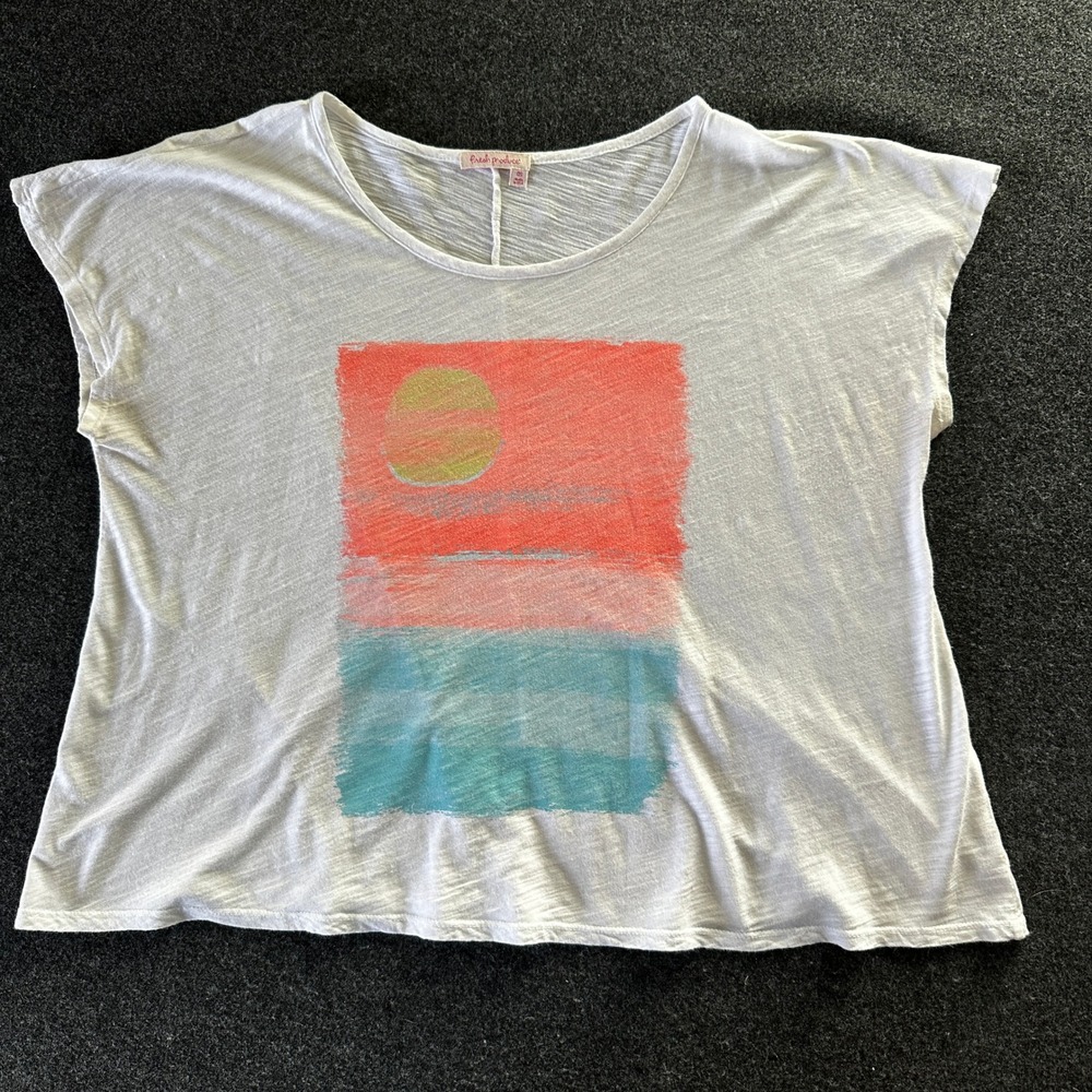 Fresh Produce Womens OS White Slub Knit Graphic Sunset Beach T-Shirt Made in USA